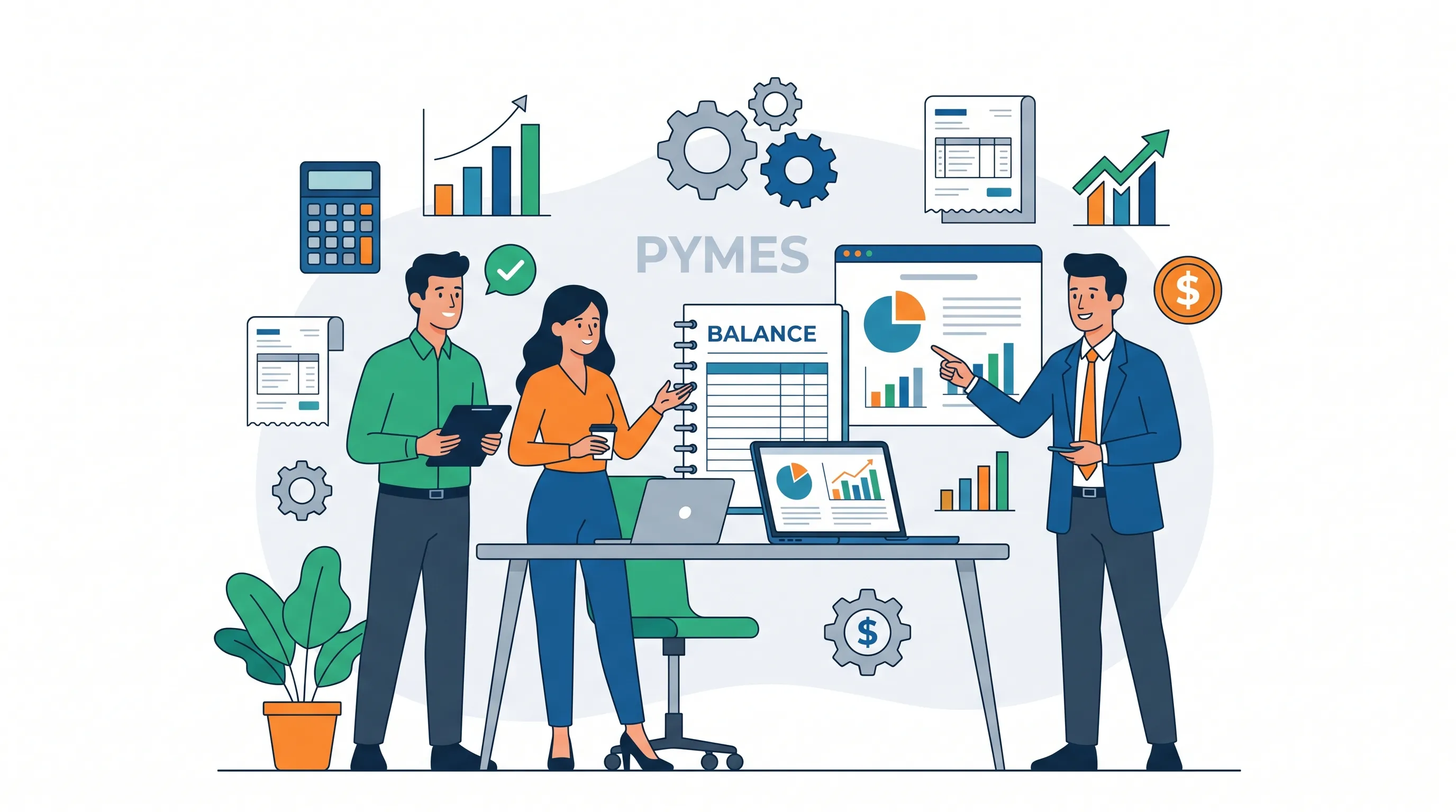 Ilustración: equipo de una pyme revisando el balance y los indicadores del negocio