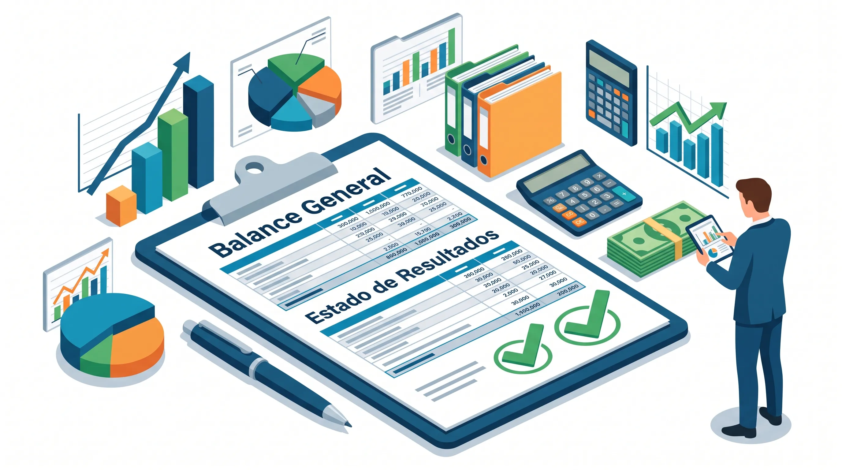 Ilustración: balance general y estado de resultados con calculadora y gráficas