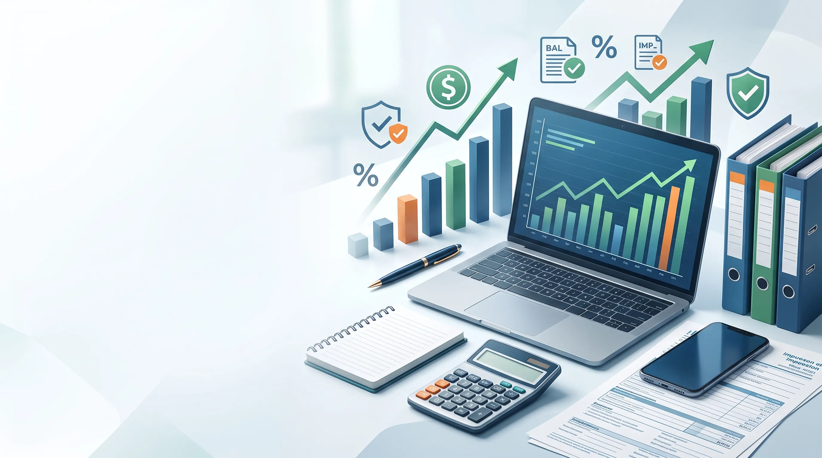 Computador portátil con gráficas financieras, calculadora, carpetas y documentos contables