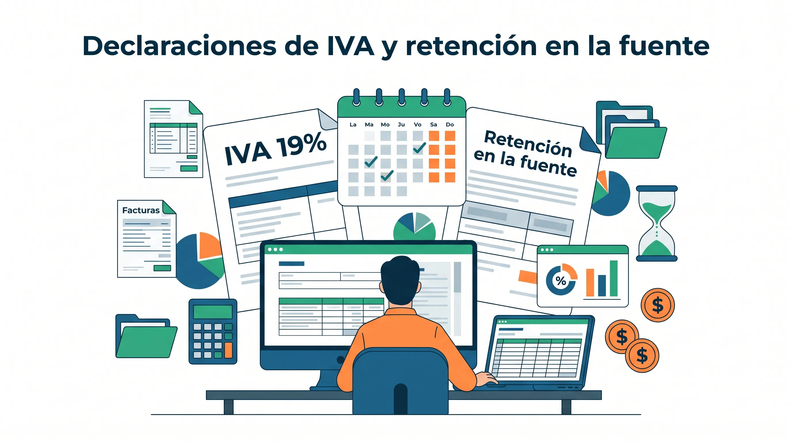 Ilustración: persona preparando declaraciones de IVA y retención en la fuente
