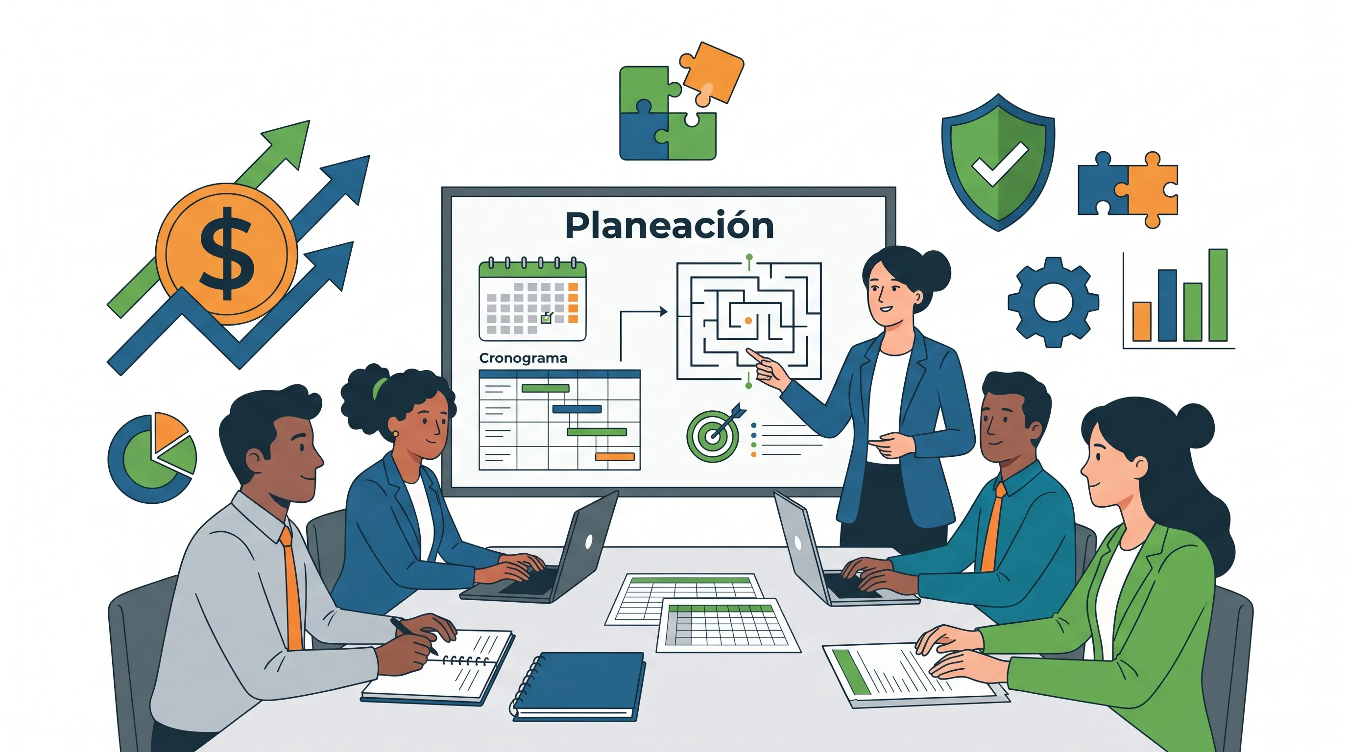 Ilustración: reunión de planeación tributaria frente a un tablero con cronograma