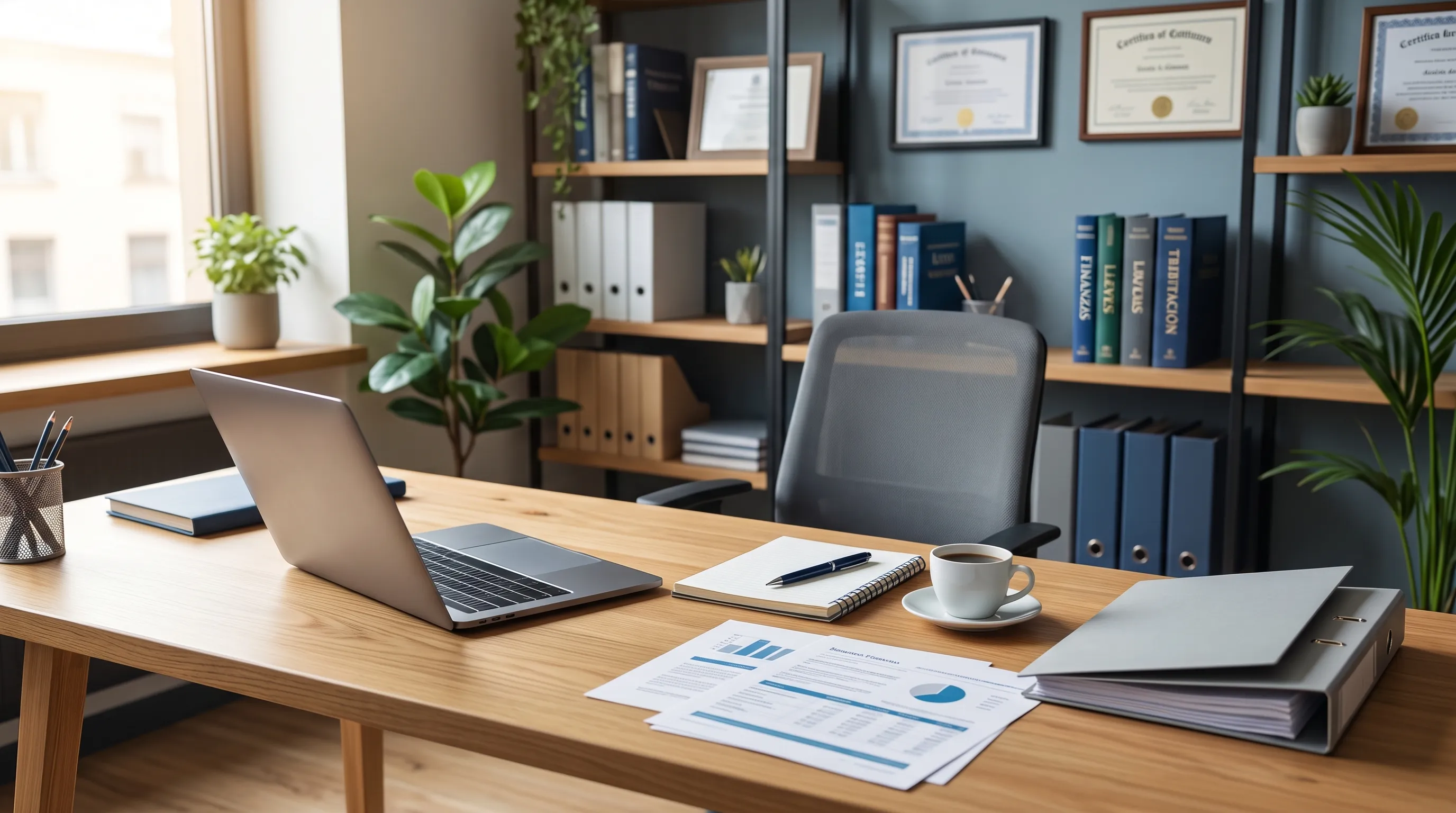 Oficina con escritorio, computador portátil, carpetas y documentos contables